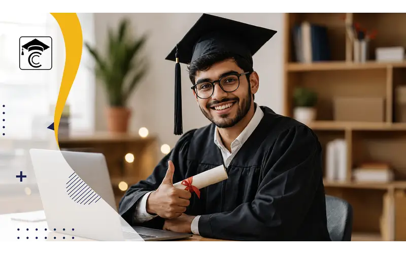 UGC-approved online MBA colleges in India concept with student using laptop and digital India map with education icons